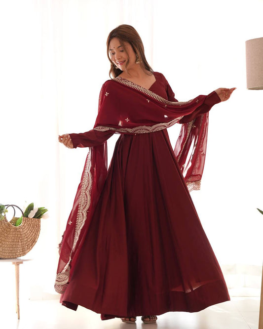 Elegant 16 Kali Romansilk Chanderi Maroon Anarkali Set with Embroidery Dupatta