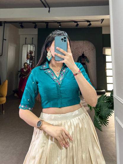 Elegant Tussar Silk Floral Print Lehenga with Handwork Mirror Blouse