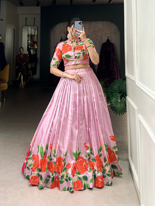 Elegant Tussar Silk Floral Print Pink Lehenga with Lace Touch Blouse