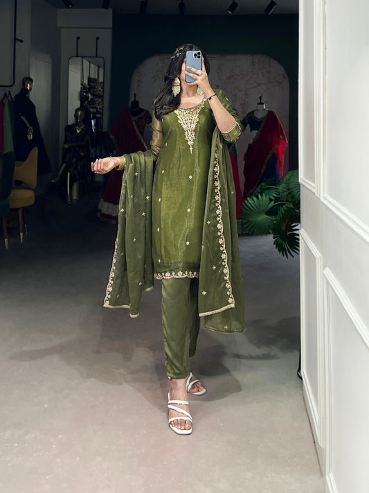 Elegant Gold Coin Fabric Embroidered Green Top and Bottom Set with Dupatta