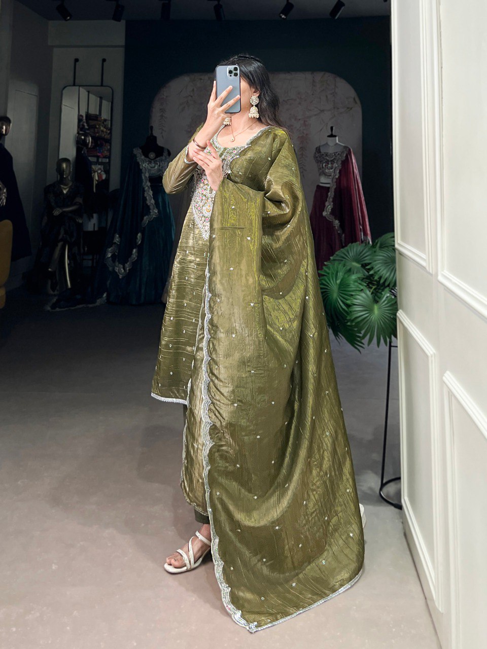 Elegant Gold Crush Fabric Embroidered Stitched Green Top Bottom Set with Dupatta