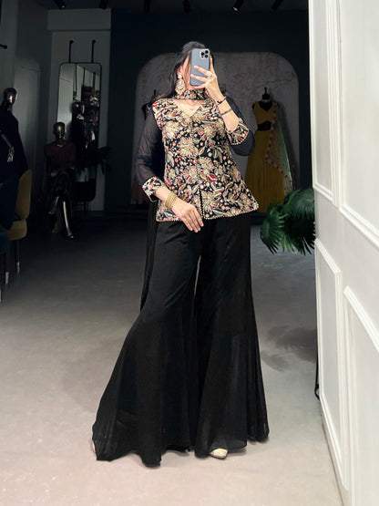 Stylish Georgette Embroidered Stitched Black Top Bottom Set with Dupatta