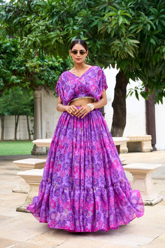 Elegant Floral Print Chiffon Purple Lehenga Set for Women