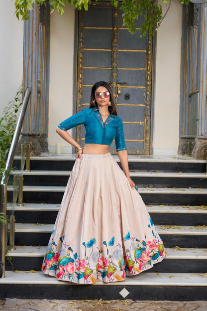 Elegant Tussar Silk Floral Print Lehenga with Handwork Mirror Blouse