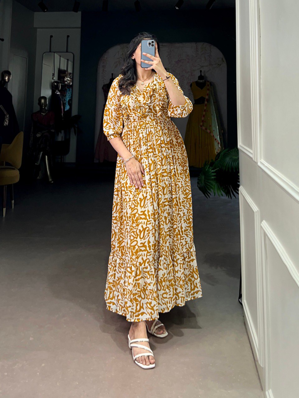 Elegant Georgette Printed Mustard Yellow Frock with Full Flair and Lining