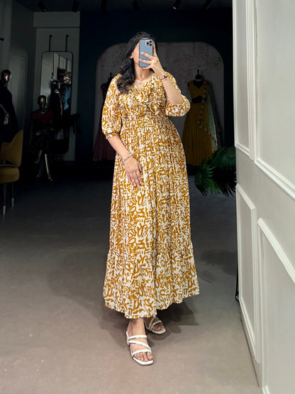 Elegant Georgette Printed Mustard Yellow Frock with Full Flair and Lining
