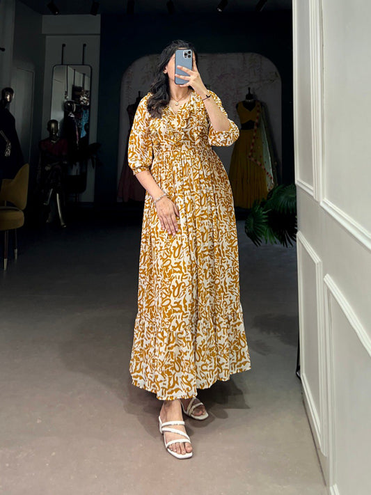 Elegant Georgette Printed Mustard Yellow Frock with Full Flair and Lining