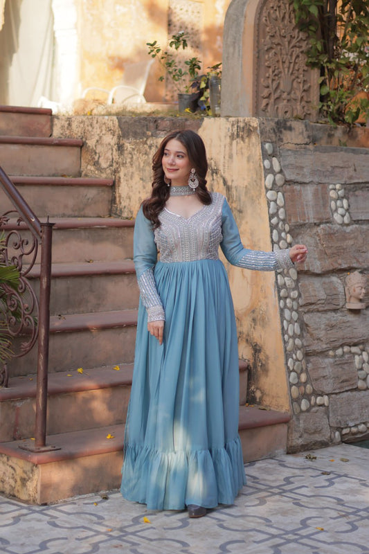 Star Georgette Embroidered Beads Sequins Work Blue Gown with Dupatta Set