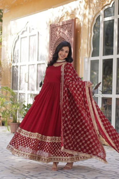 Faux Blooming Maroon Gown with Zari Sequins Embroidery and Designer Dupatta