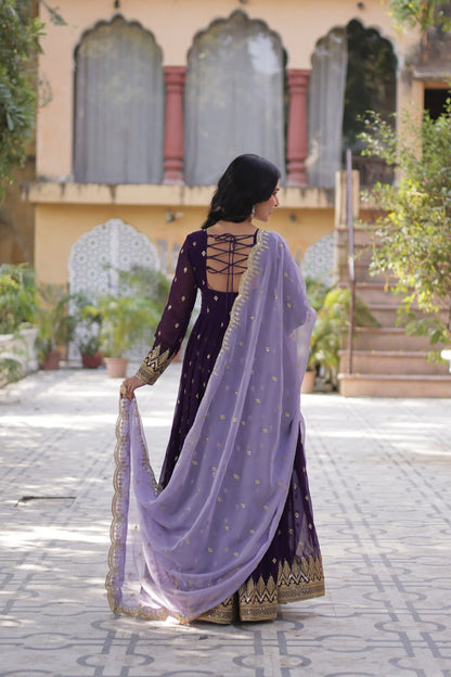 Luxury Faux Blooming Embroidered Zari Sequins Gown with Tabby Silk Cutwork Dupatta