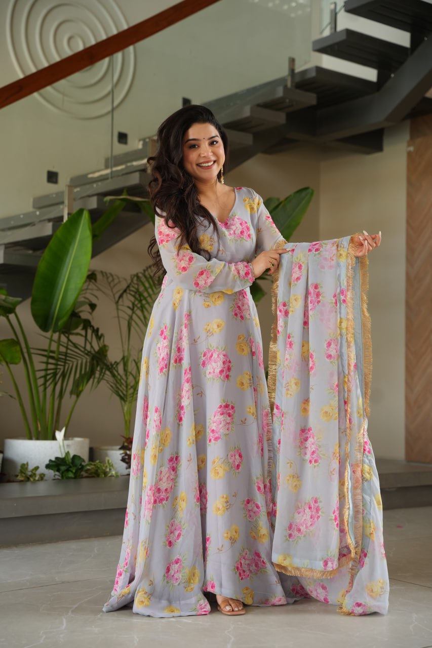 Elegant Faux Georgette Floral Digital Print Gown with Dupatta Set
