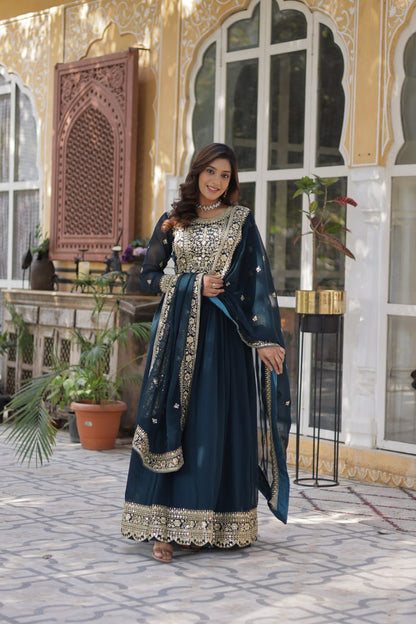 Premium Faux Blooming Bottle Green Gown Set with Zari Sequins Embroidery and Dupatta