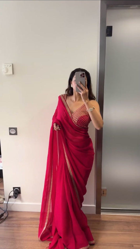 Elegant Faux Georgette Saree with Thread and Sequins Work and Matching Blouse