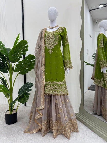 Designer Faux Georgette Green Suit Set with Sharara & Dupatta - Coding & Sequins Work, Pearl Embellishments, and Fancy Lace