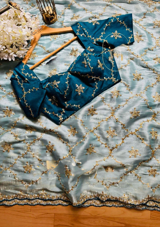 Elegant Heavy Zimmy Chu Saree with Thread and Sequins Work and Mono Benglori Silk Blouse – Designer Party Wear Saree