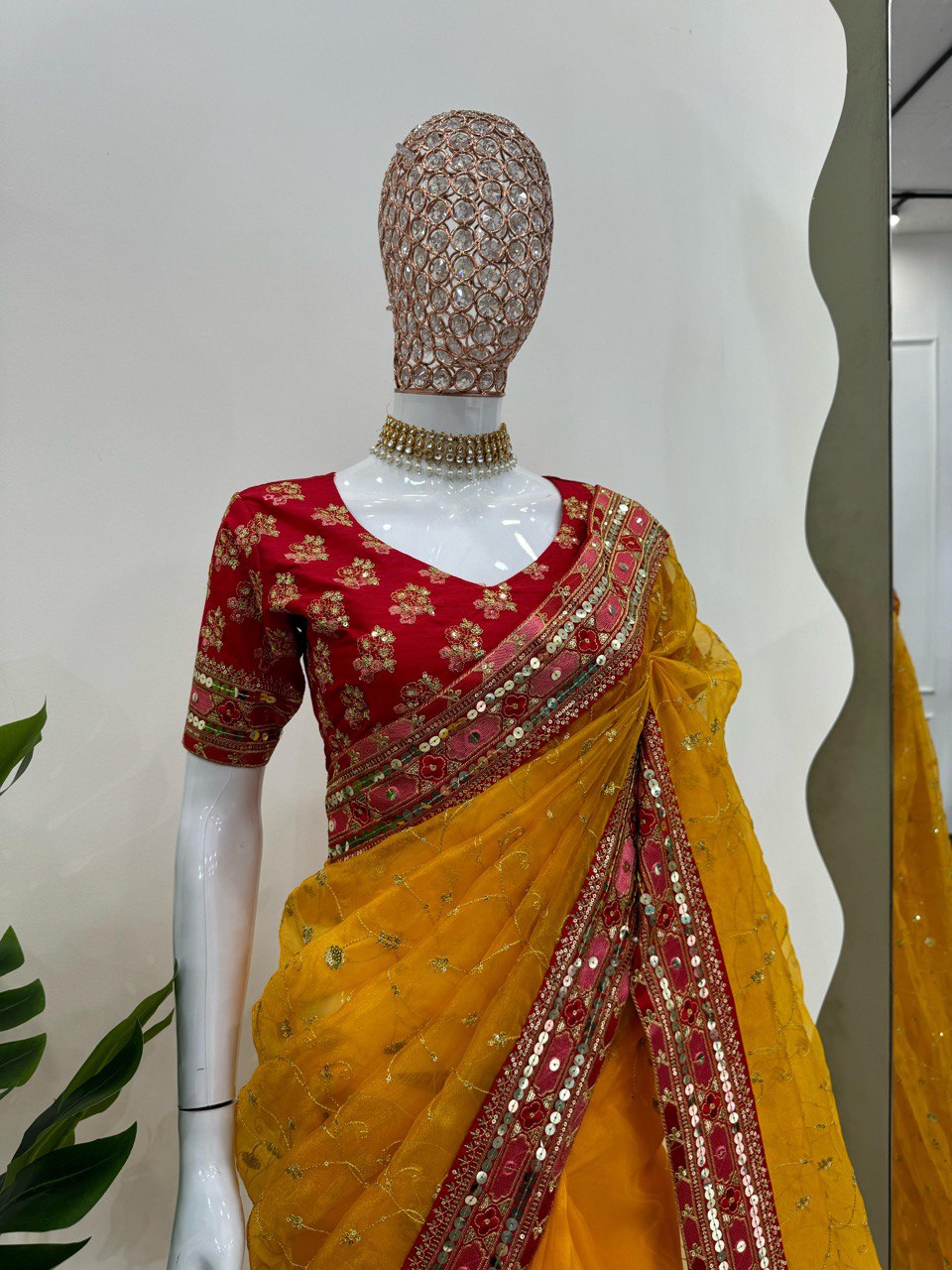 Premium Heavy Organza Silk Saree with 9MM Sequins and Thread Work | Mono Benglori Blouse | Party and Wedding Wear