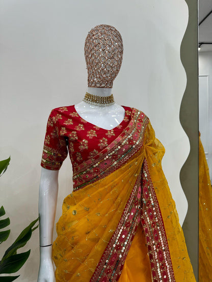 Premium Heavy Organza Silk Saree with 9MM Sequins and Thread Work | Mono Benglori Blouse | Party and Wedding Wear