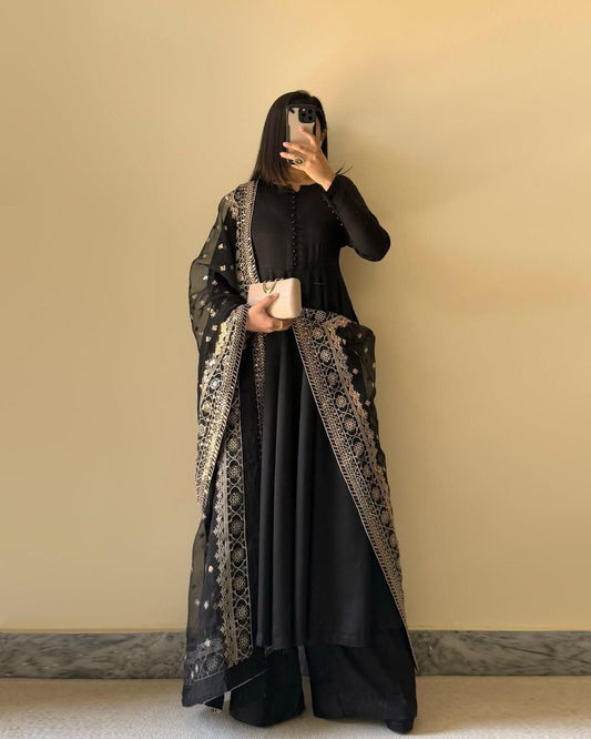 Elegant Chinon Silk Plain Suit Set with Soft Net Thread-Sequence Dupatta | Party Wear | Ethnic Fashion