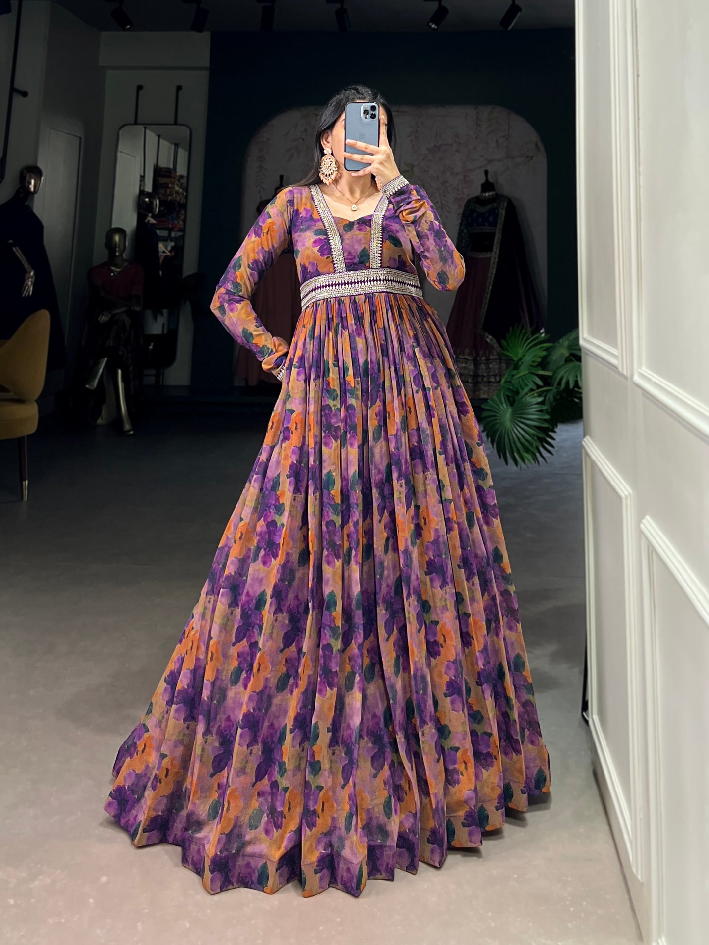 Stylish Georgette Floral Printed Gown with Lace Border and Dupatta | Party Wear and Ethnic Collection