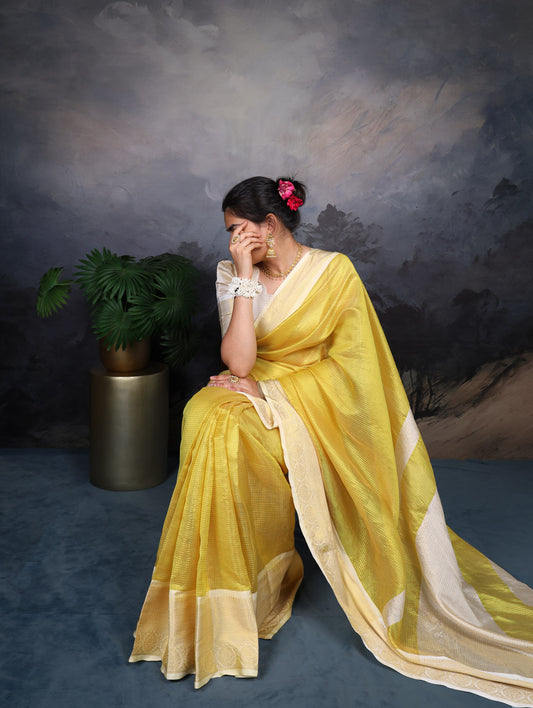 Jacquard Chex Yellow Saree with Zari Weaving and Unstitched Blouse
