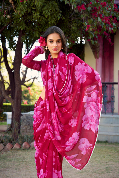 Elegant Floral Printed Pink Chiffon Saree with Pearl Lace Border and Matching Blouse