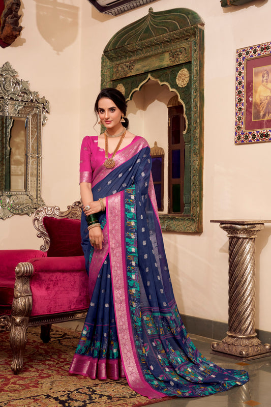 Kalamkari Print Poly Cotton Navy Blue Saree with Zari Weaving Work Border and Blouse