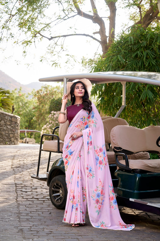 Weightless Marbal Floral Printed Light Pink Saree with Pearl Lace Border