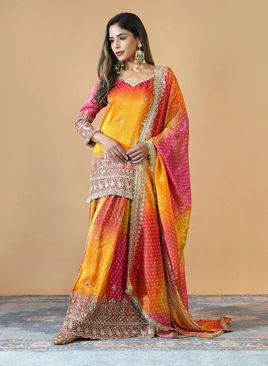 Chinon Silk Digital Print Co-Ord Set with Real Mirror Work & Lace Dupatta
