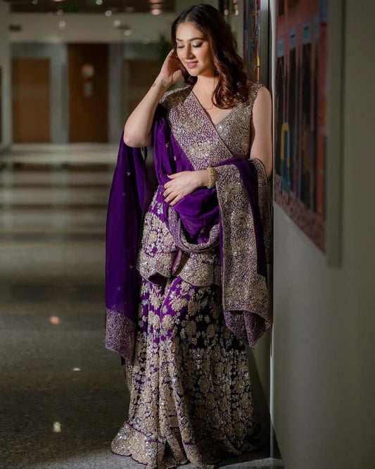 Foux Gorgette Thread Work Top with Sequins and Sharara Set