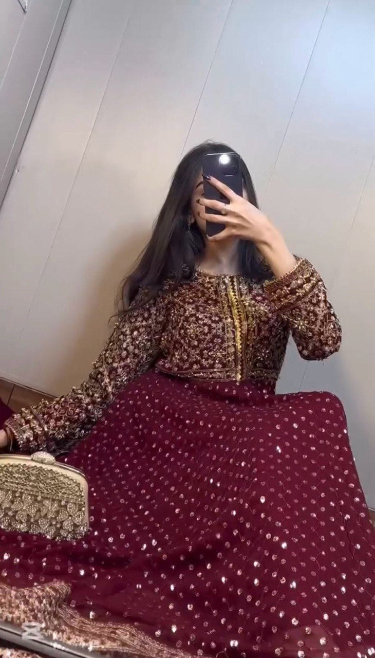 Foux Gorgette Thread Work Suit with Sequins and Dupatta