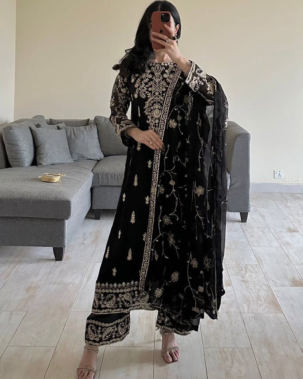 Foux Gorgette Thread Work Black Suit with Sequins and Lace Border Dupatta