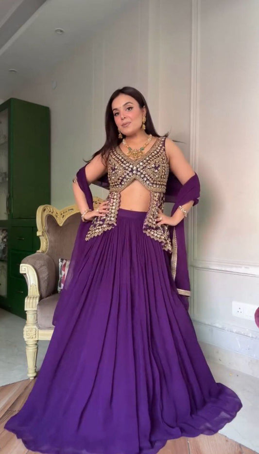 Purple Fox Georgette Semi-Stitched Lehenga Set with Fully Stitched Sequin Work Top