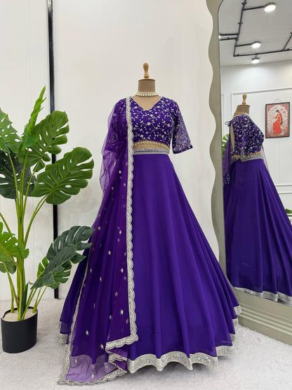 Purple Faux Georgette Semi-Stitched Lehenga Set with 4.5 Meter Flair & Cutwork Dupatta