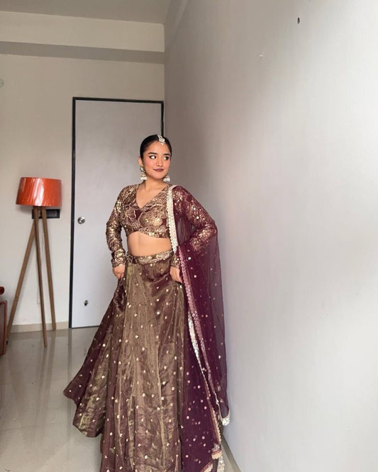 Jimi Choo Semi-Stitched Lehenga Set with Sequin Work and Butterfly Net Dupatta