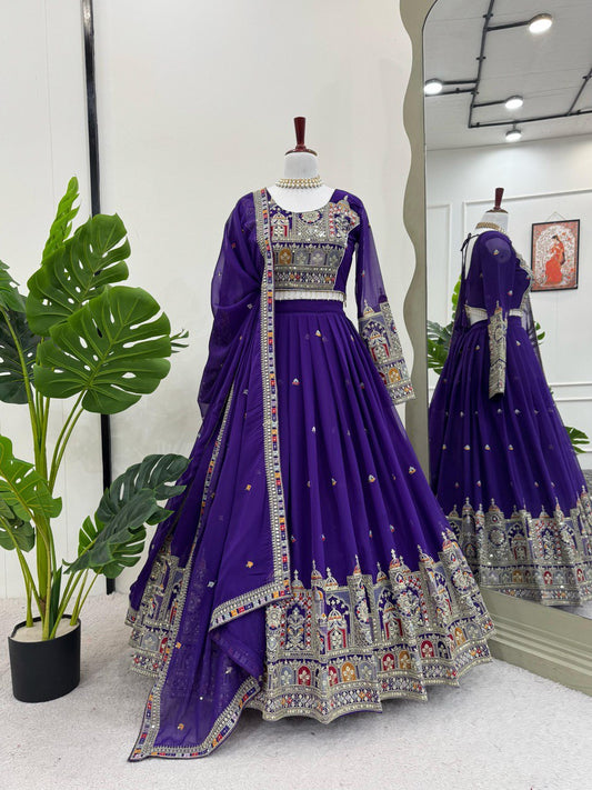 Foux Georgette Semi-Stitched Lehenga Set with Coding Dori, Thread & Sequin Work