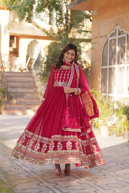 Pink Faux Blooming Embroidered Gown with Dupatta – Zari & Sequin Work