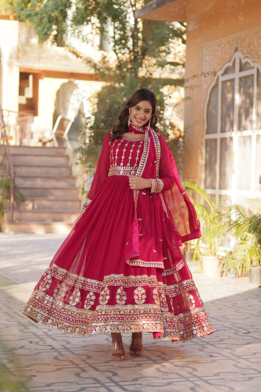 Pink Faux Blooming Embroidered Gown with Dupatta – Zari & Sequin Work