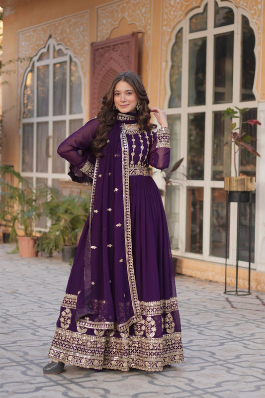 Purple Faux Blooming Embroidered Gown with Dupatta – Zari & Sequin Work