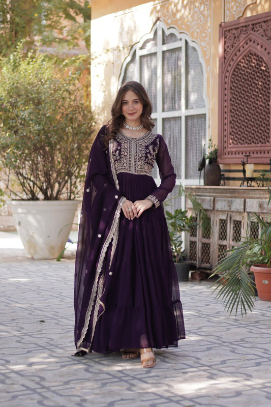 Purple Faux Blooming Georgette Gown with Pearl Embroidery & Dupatta