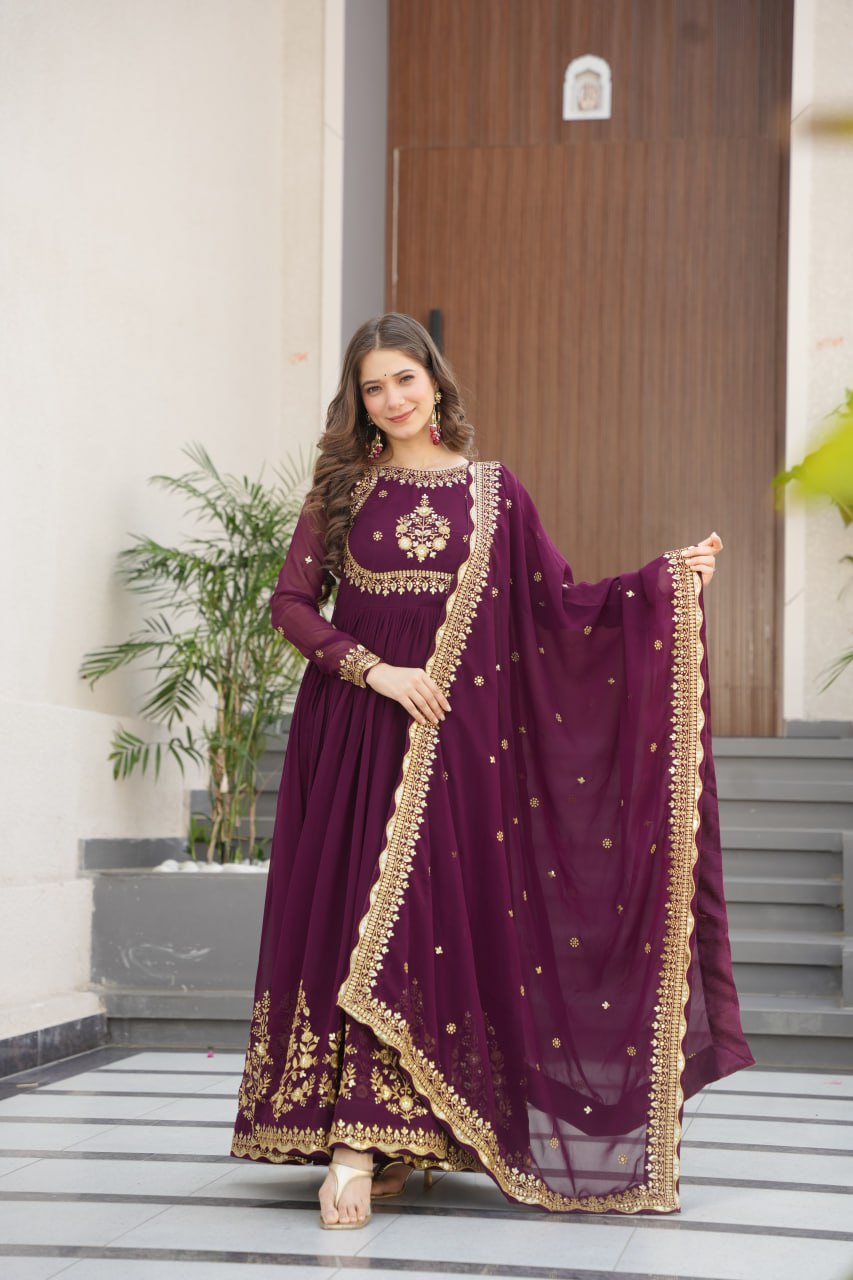 Purple Faux Blooming Georgette Embroidered Gown with Dupatta