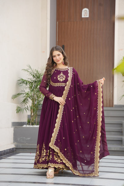 Purple Faux Blooming Georgette Embroidered Gown with Dupatta