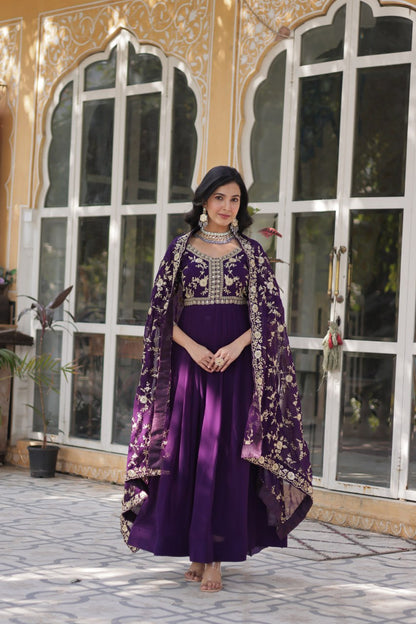 Purple Faux Blooming Multi-Sequins & Zari Embroidered Gown with Dupatta