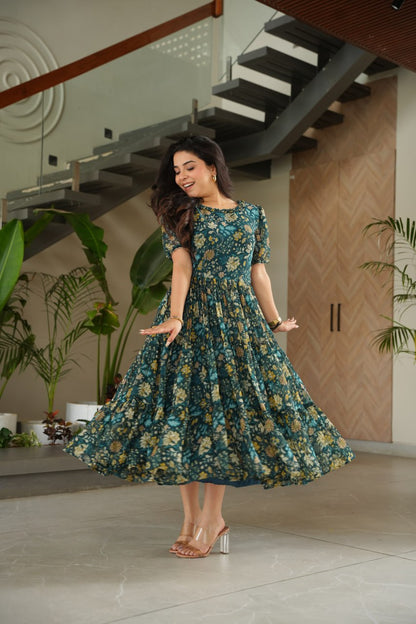 Green Printed Faux Georgette Gown with Cotton Lining – 12 Meter Flair