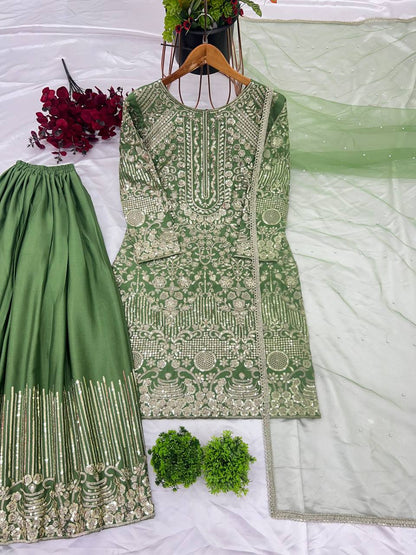 Pure Chinnon Silk Embroidered Sharara Suit with Dupatta – Fully Stitched