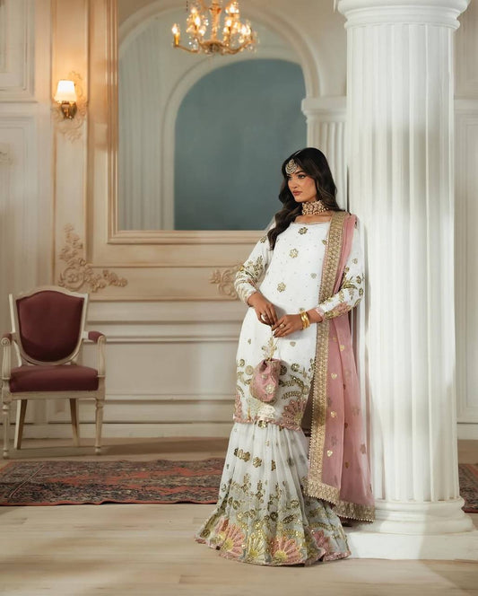 Heavy White Faux Georgette Embroidered Sharara Set with Net Dupatta – Fully Stitched