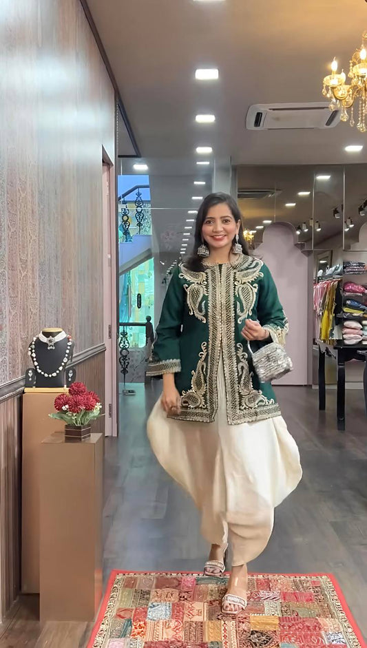 Heavy Green Chinon Silk Embroidered Dhoti Style Suit with Rivet Moti Dupatta – Fully Stitched