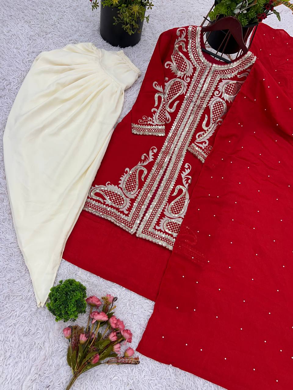 Heavy Red Chinon Silk Embroidered Dhoti Style Suit with Rivet Moti Dupatta – Fully Stitched