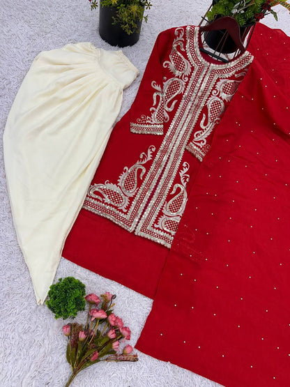 Heavy Red Chinon Silk Embroidered Dhoti Style Suit with Rivet Moti Dupatta – Fully Stitched