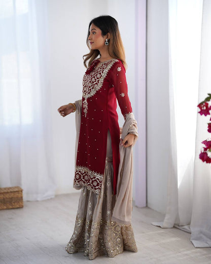 Heavy Maroon Faux Georgette Sharara Suit with 5mm Embroidery Sequence – Fully Stitched Set