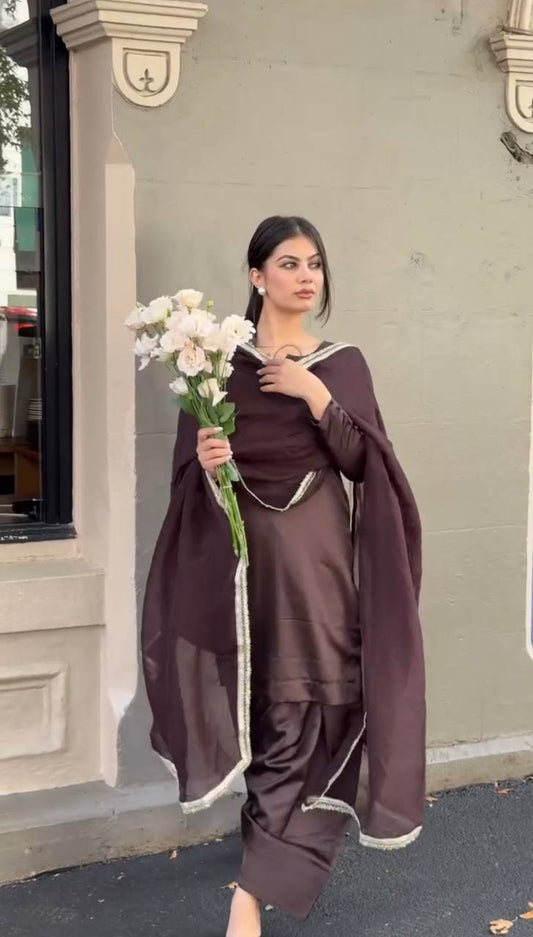 Japan Satin Brown Farshi Pant Suit with Blooming Georgette Dupatta – Fully Stitched